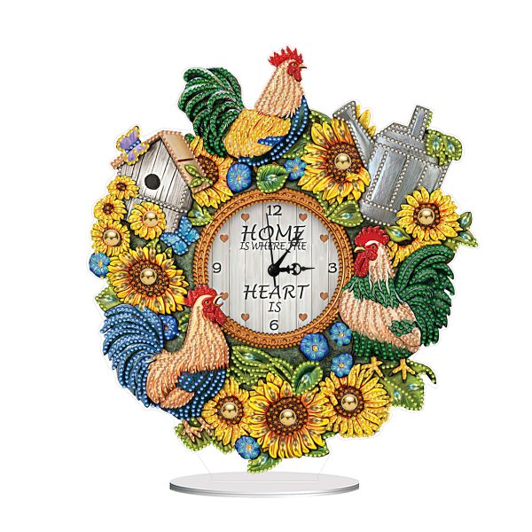 5D DIY Special Shape Diamond Painting Desk Ornament Handmade Clock Kit(Sunflower Rooster)